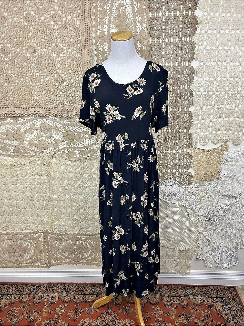 Vintage 90s Rayon Floral Maxi Dress Button Front Chabris